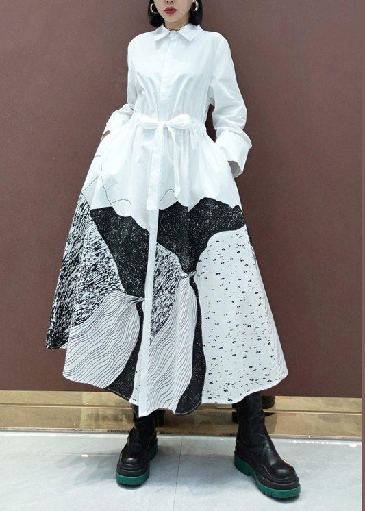 Simple Lapel Drawstring Spring Dresses Work Outfits White Print A Line Dress - SooLinen