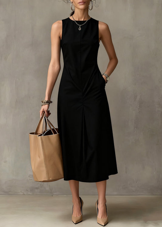 Simple Light Blue Pockets Solid Cotton Long Dresses Sleeveless