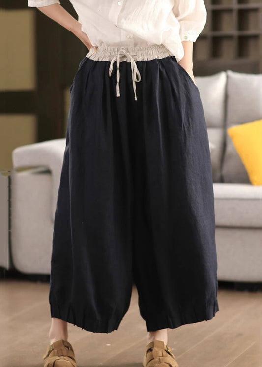 Simple Linen Pockets Elastic Waist Linen Wide Leg Pants Summer