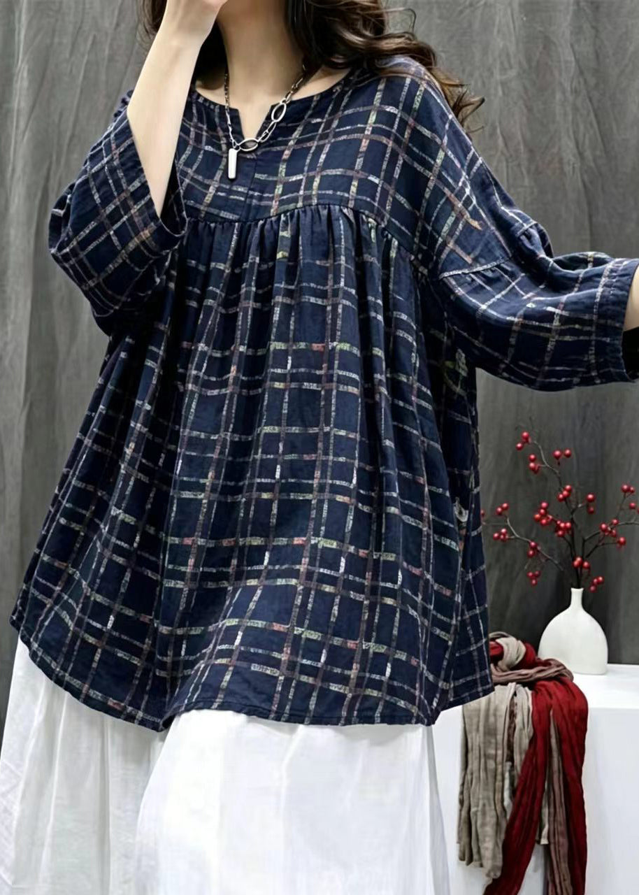Simple Navy Plaid V Neck Oversized Shirt Bracelet Sleeve
