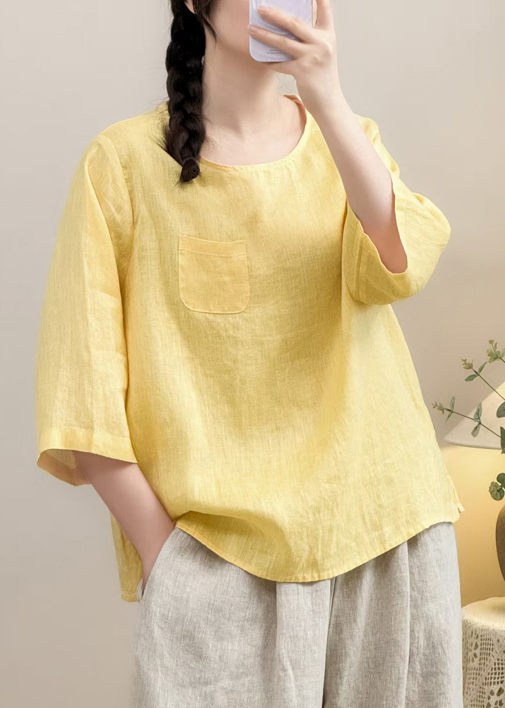 Simple Navy O Neck Solid Linen Shirt Bracelet Sleeve