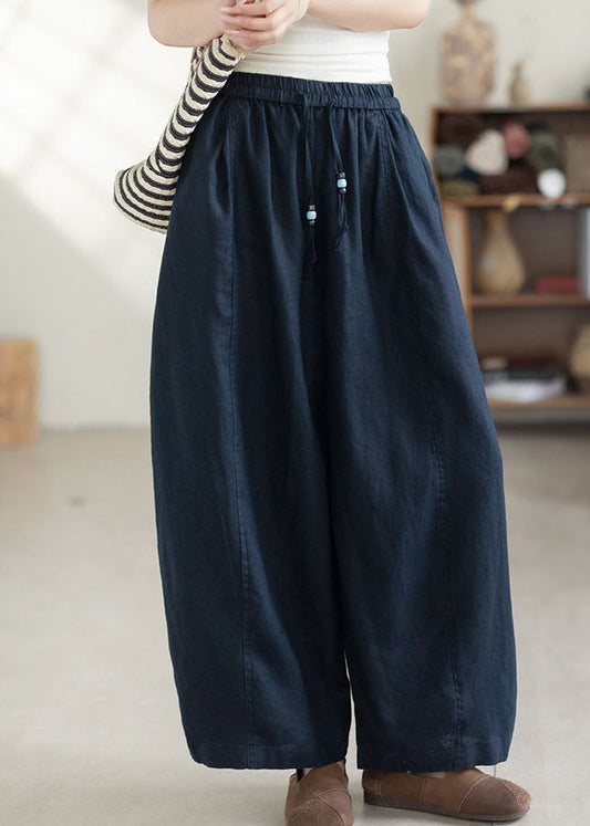 Simple Navy Oversized Elastic Waist Linen Pants Summer