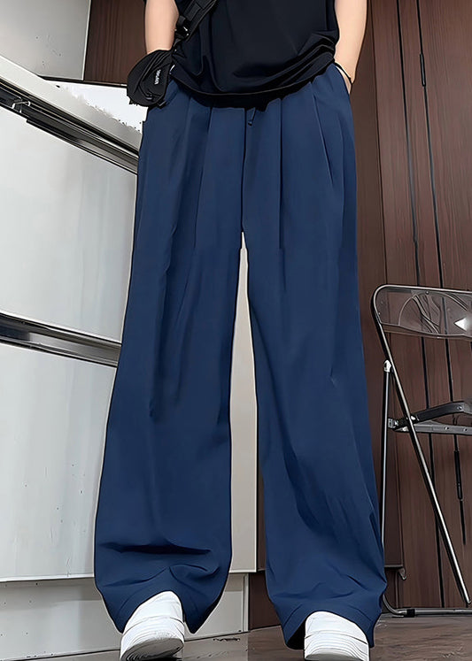 Simple Navy Pockets Solid Elastic Waist Ice Silk Men Pants Summer