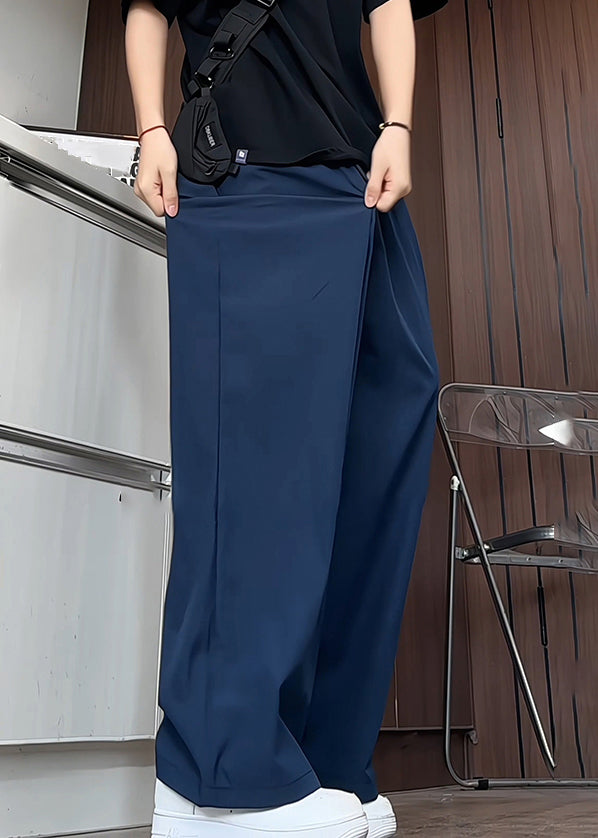 Simple Navy Pockets Solid Elastic Waist Ice Silk Men Pants Summer