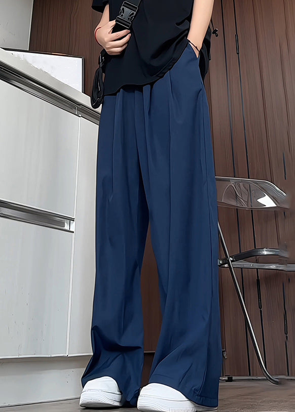 Simple Navy Pockets Solid Elastic Waist Ice Silk Men Pants Summer