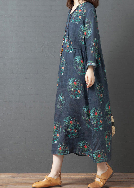 Einfaches Marineblaues V-Ausschnitt Leinen Urlaubskleid Langarm