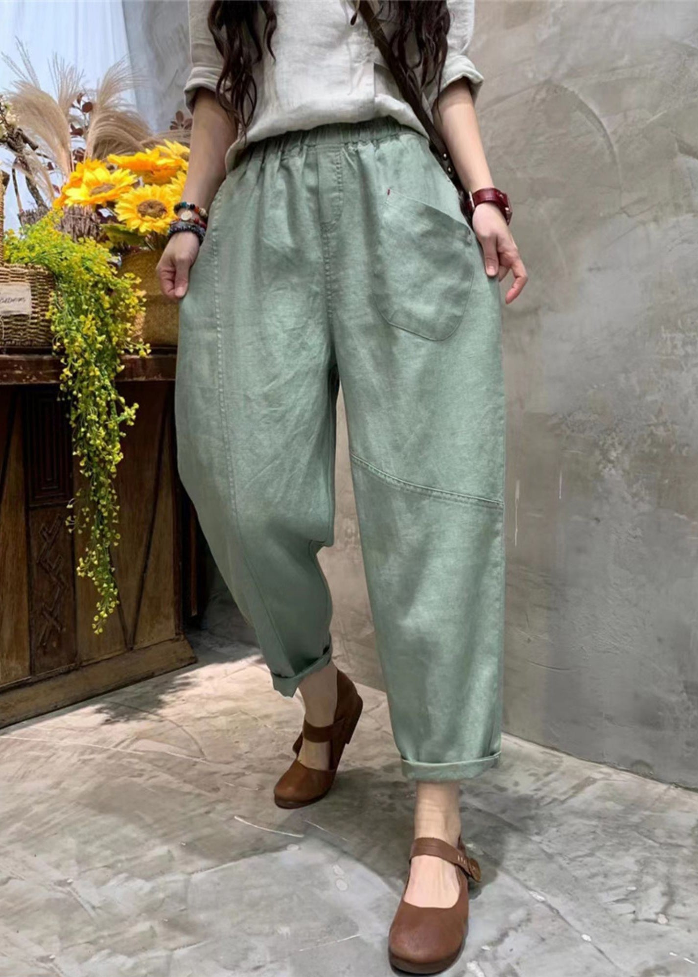 Simple Pea Green Pockets Elastic Waist Cotton Crop Pants Summer