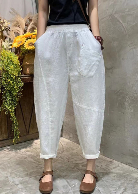 Simple Pea Green Pockets Elastic Waist Cotton Crop Pants Summer