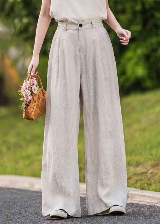Simple Pink Pockets High Waist Linen Straight Pants Summer