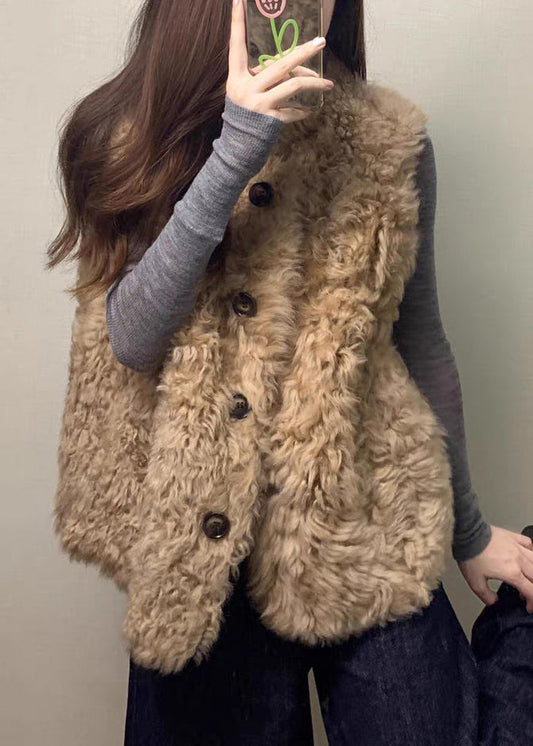 Simple Purple O Neck Button Pockets Teddy Faux Fur Waistcoat Sleeveless