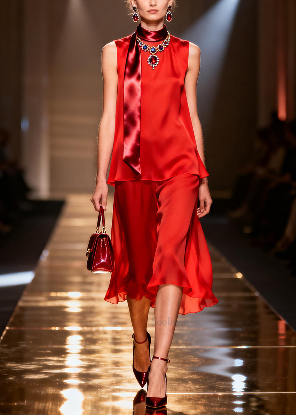 Simple Red Patchwork Draping Chiffon Straight Dress Sleeveless