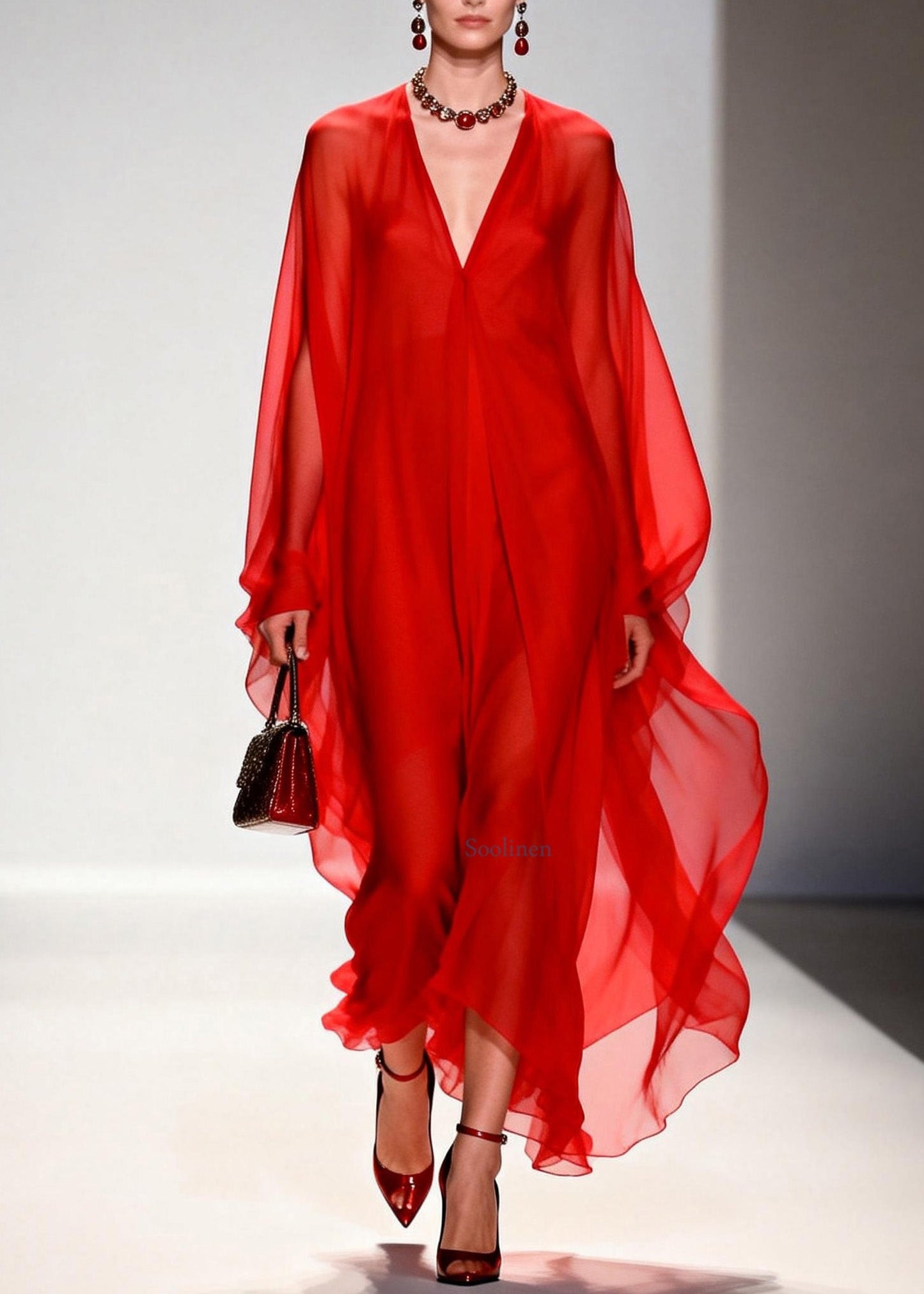 Simple Red V Neck Chiffon Long Dresses Spring