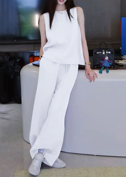 Simple Rose O Neck Solid Tank And Pants Linen Two Pieces Set Sleeveless