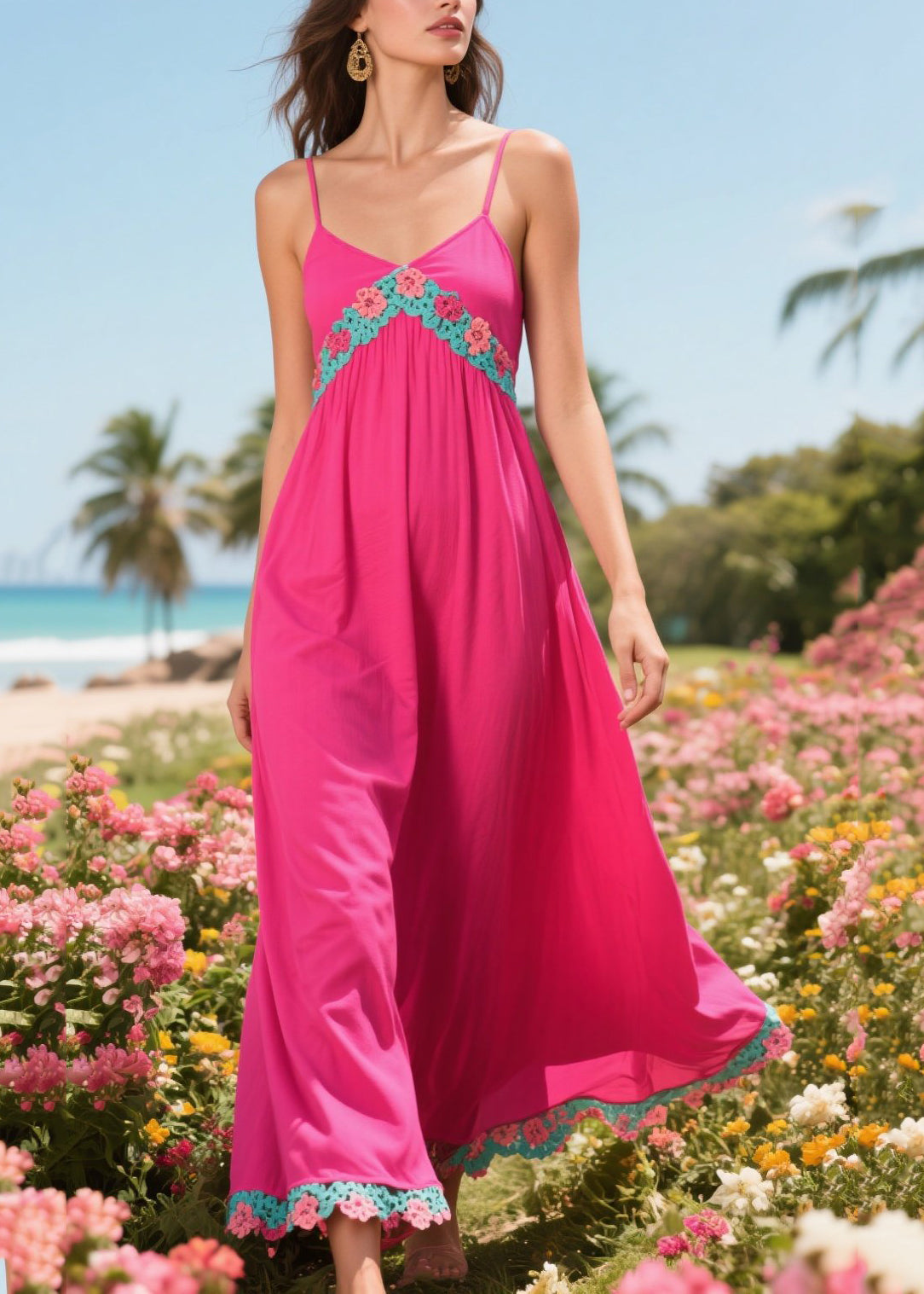 Simple Rose Patchwork Lace Cotton Beach Dress Summer