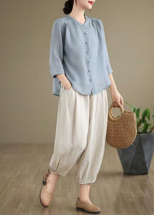 Simple Sea Blue Oversized Linen Two Piece Set Outfits Summer