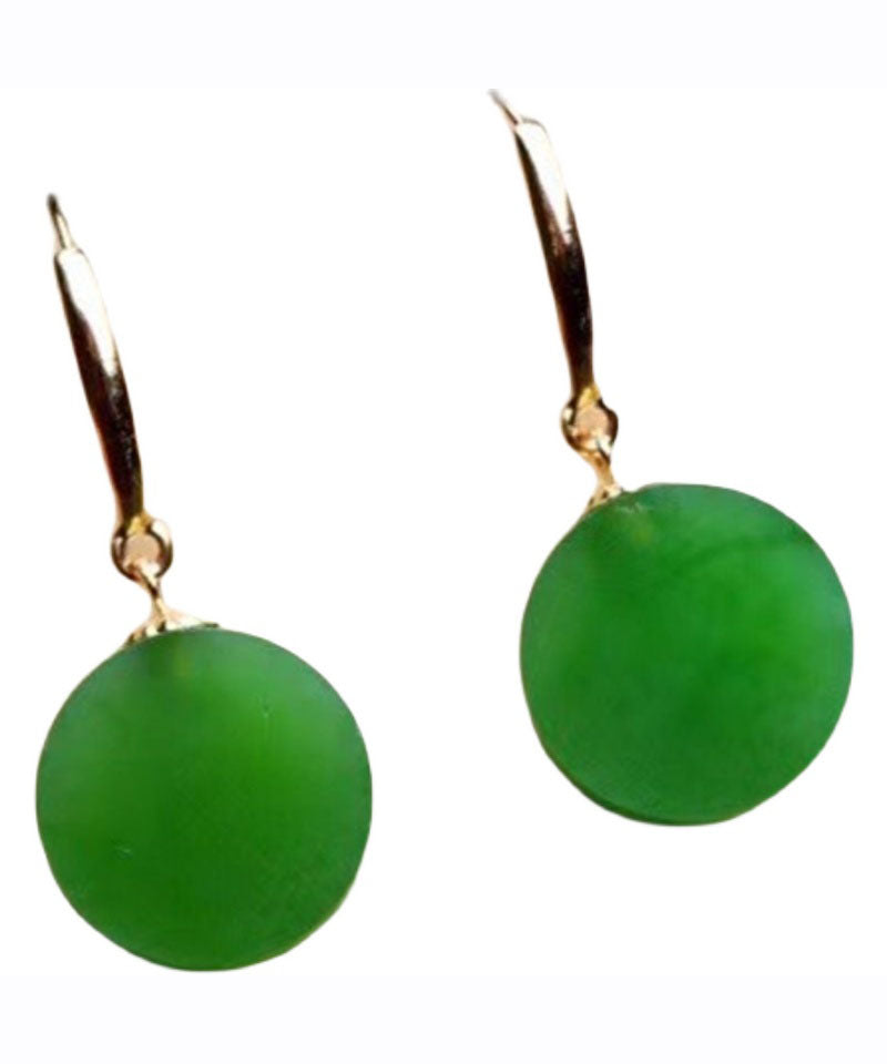 Pendientes colgantes redondos de jade con incrustaciones de oro de 18 quilates en color verde espinaca