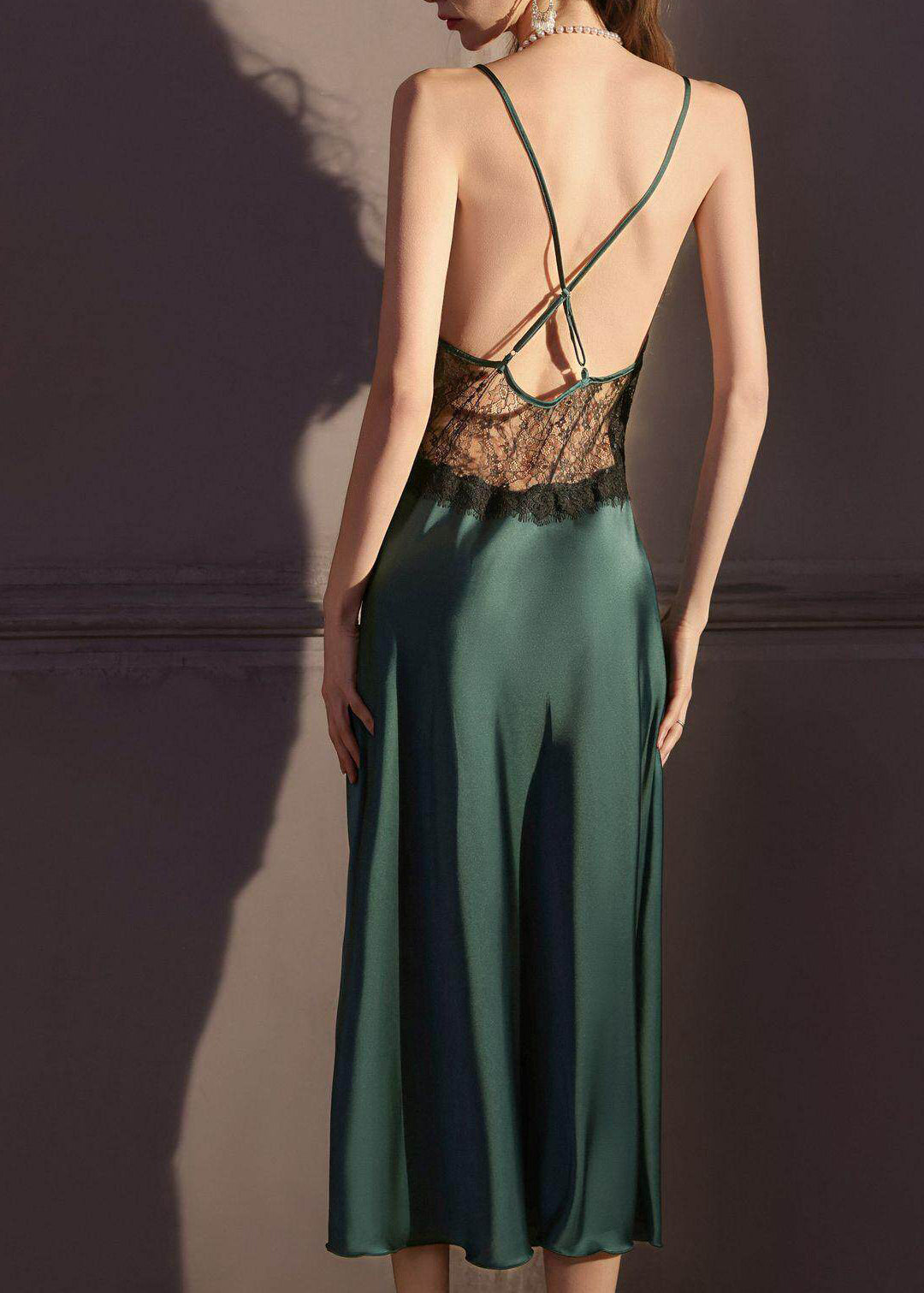 Simple Tea Green Cross Strap Backless Patchwork Lace Slips And Robe Two Piece Set