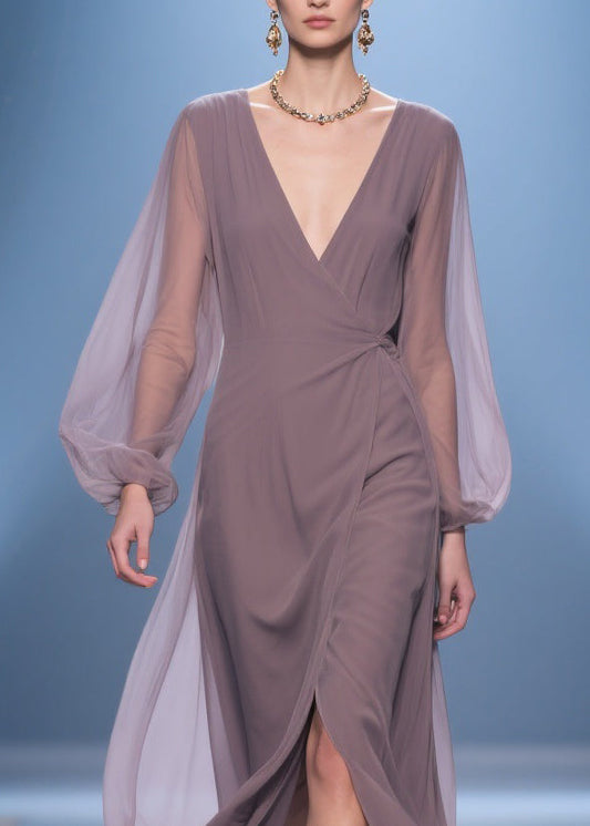 Simple V Neck Wrinkled Side Open Chiffon Long Dresses Spring