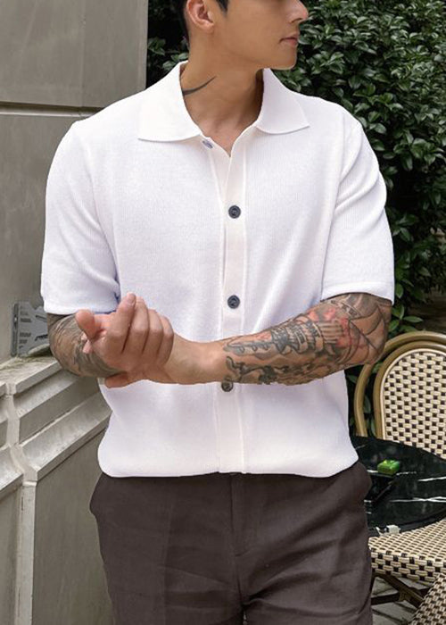 Simple White Button Solid Knitting Cotton Polo Shirts Men Summer