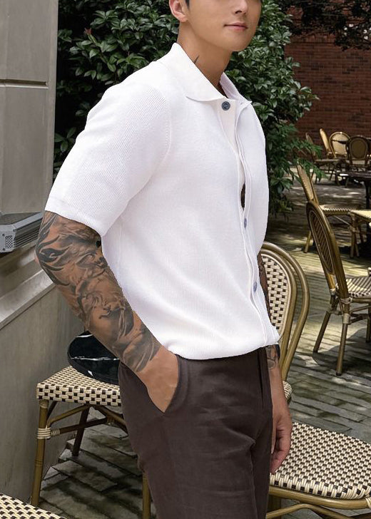 Simple White Button Solid Knitting Cotton Polo Shirts Men Summer