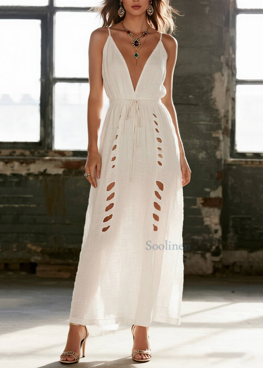 Vestido camisola de algodón blanco sencillo y calado para verano