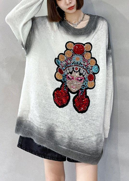 Simple White Loose O-Neck Tie Dye Fall Long Knit Top - SooLinen