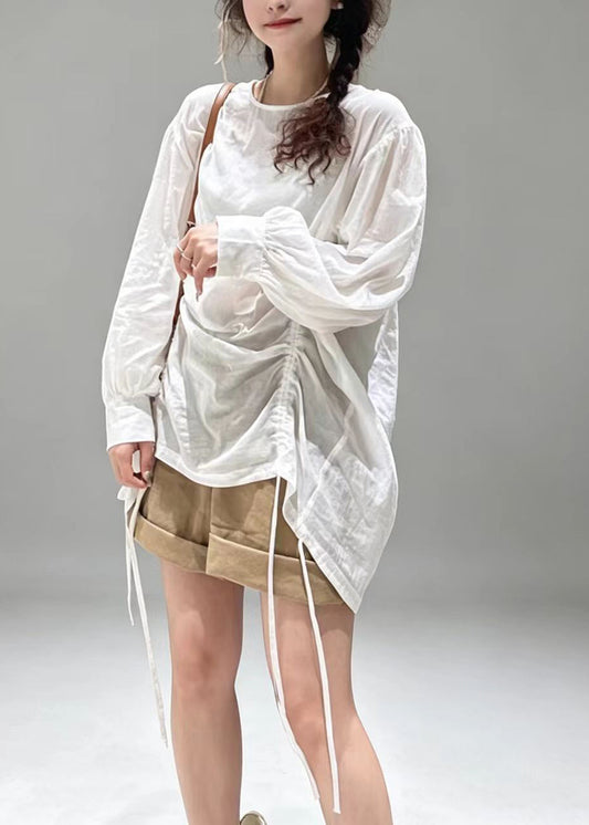 Simple White O-Neck Drawstring Cotton Shirt Top Long Sleeve