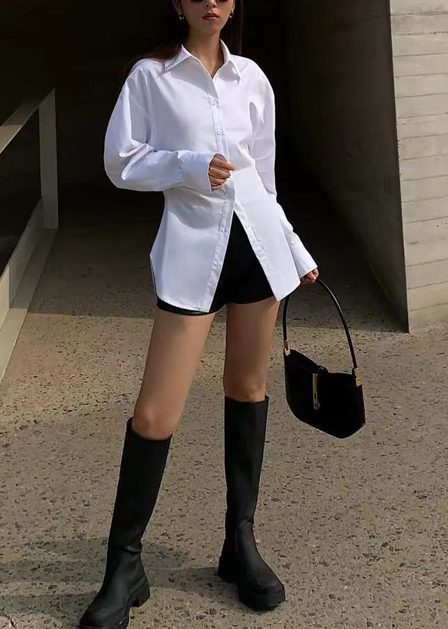 Simple White Peter Pan Collar Cotton Blouse Tops Long Sleeve