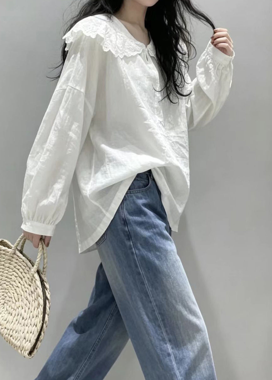 Simple White Peter Pan Collar Cotton Shirt Top Long Sleeve
