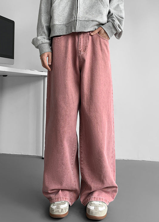 Simple White Pockets Solid Denim Mens Wide Leg Pants Fall