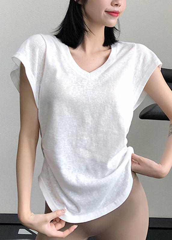 Simple White V Neck Loose Yoga Tops Summer