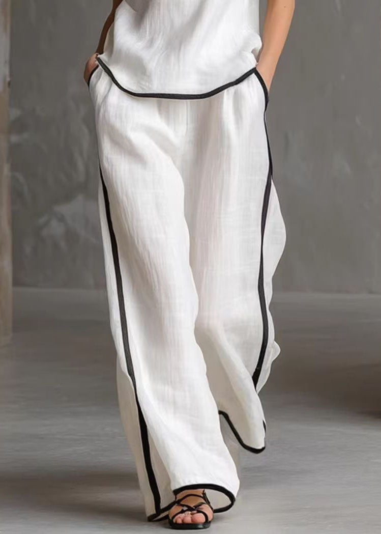 Simple White V Neck Patchwork Cotton Two Pieces Set Summer