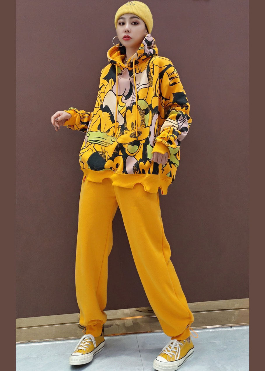 Einfache Gelb Mit Kapuze Warme Fleece Frauen Sets 2 Stück