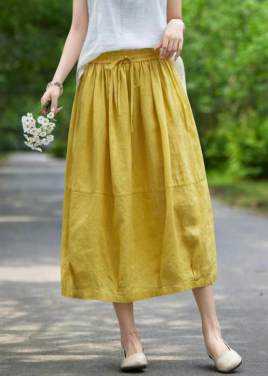 Simple Yellow Lace Up Elastic Waist Linen A Line Skirts