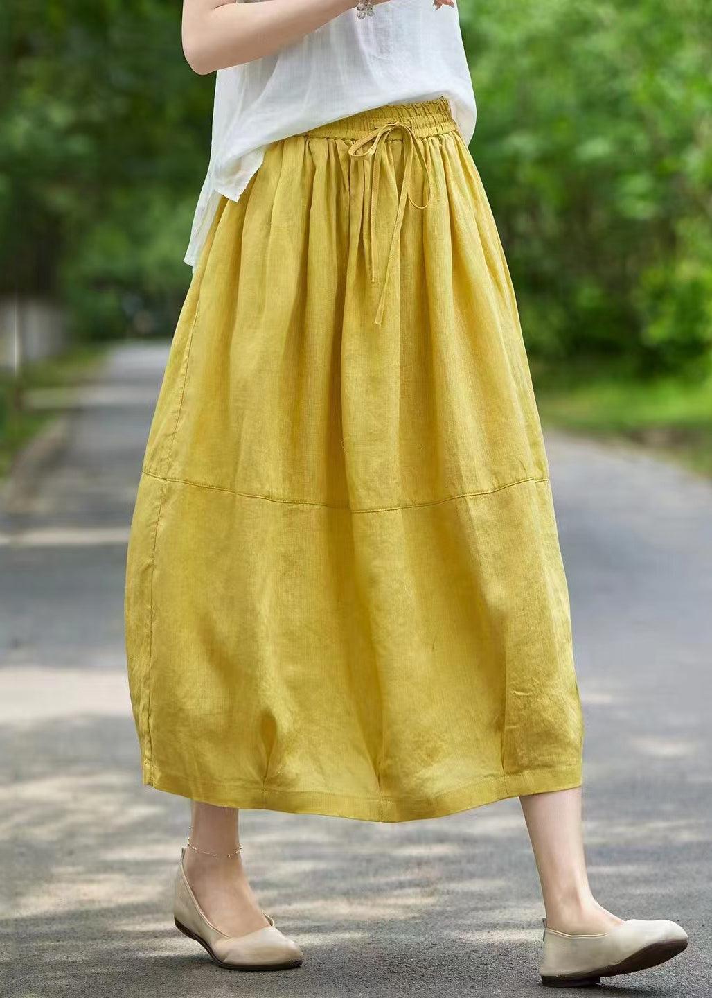 Simple Yellow Lace Up Elastic Waist Linen A Line Skirts