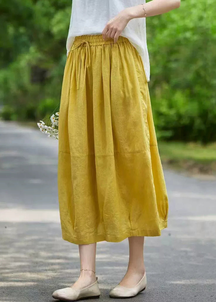 Simple Yellow Lace Up Elastic Waist Linen A Line Skirts