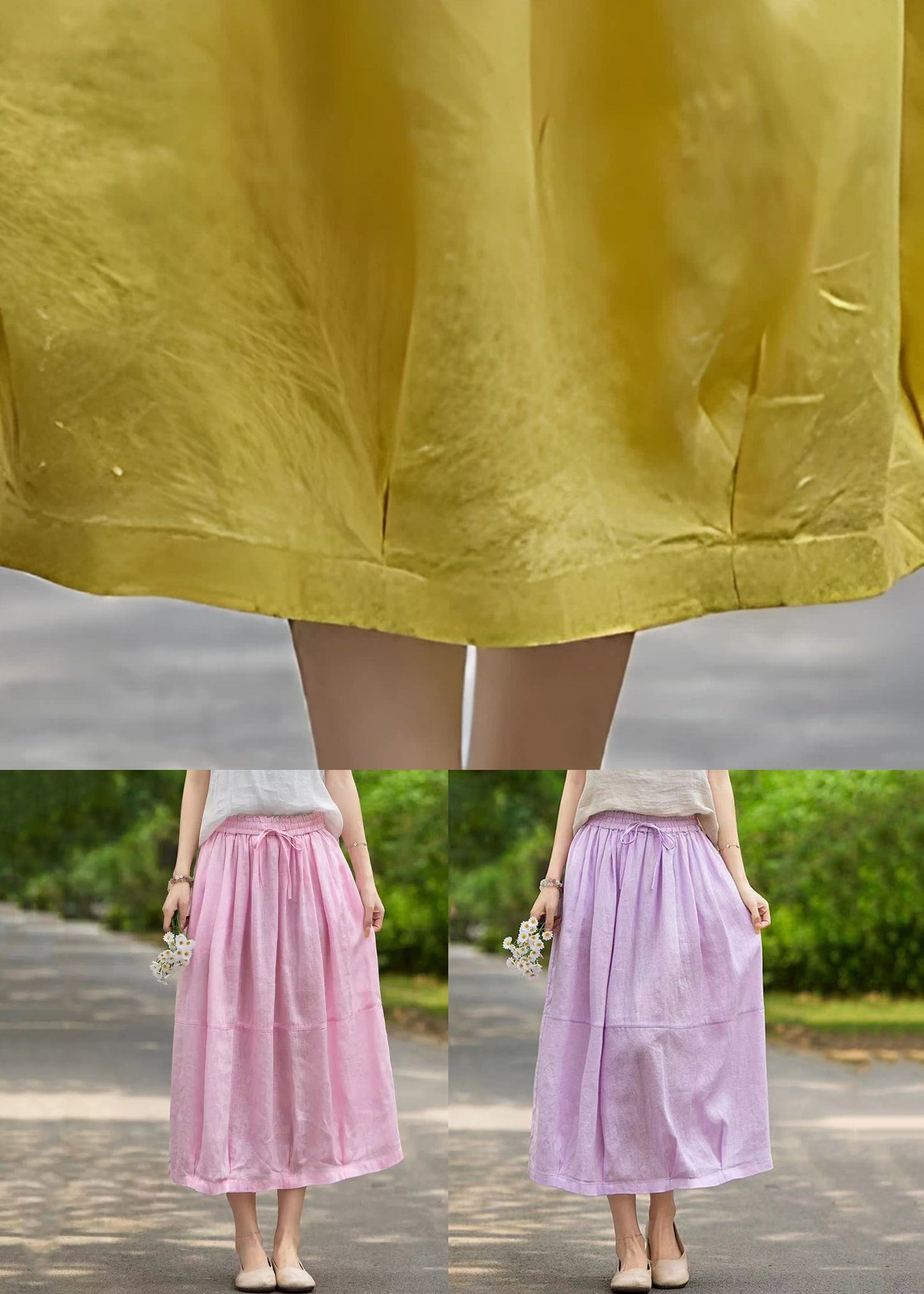 Simple Yellow Lace Up Elastic Waist Linen A Line Skirts