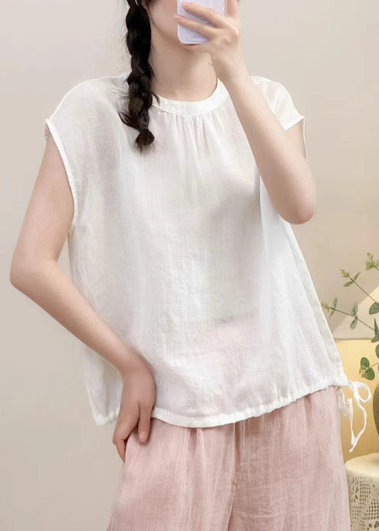 Simple Yellow O Neck Lace Up Linen Shirt Summer