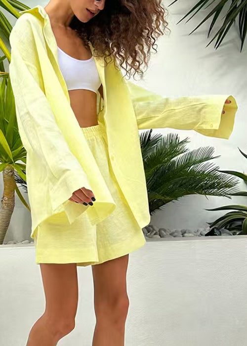 Simple Yellow Peter Pan Collar Solid Cotton Two Piece Set Summer