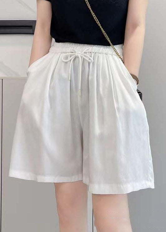 Simple Yellow Pockets Elastic Waist Solid Cotton Shorts Summer