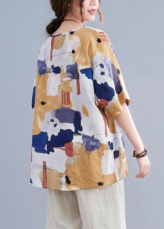Simple Yellow Print Cotton Linen Shirt Top Summer - SooLinen