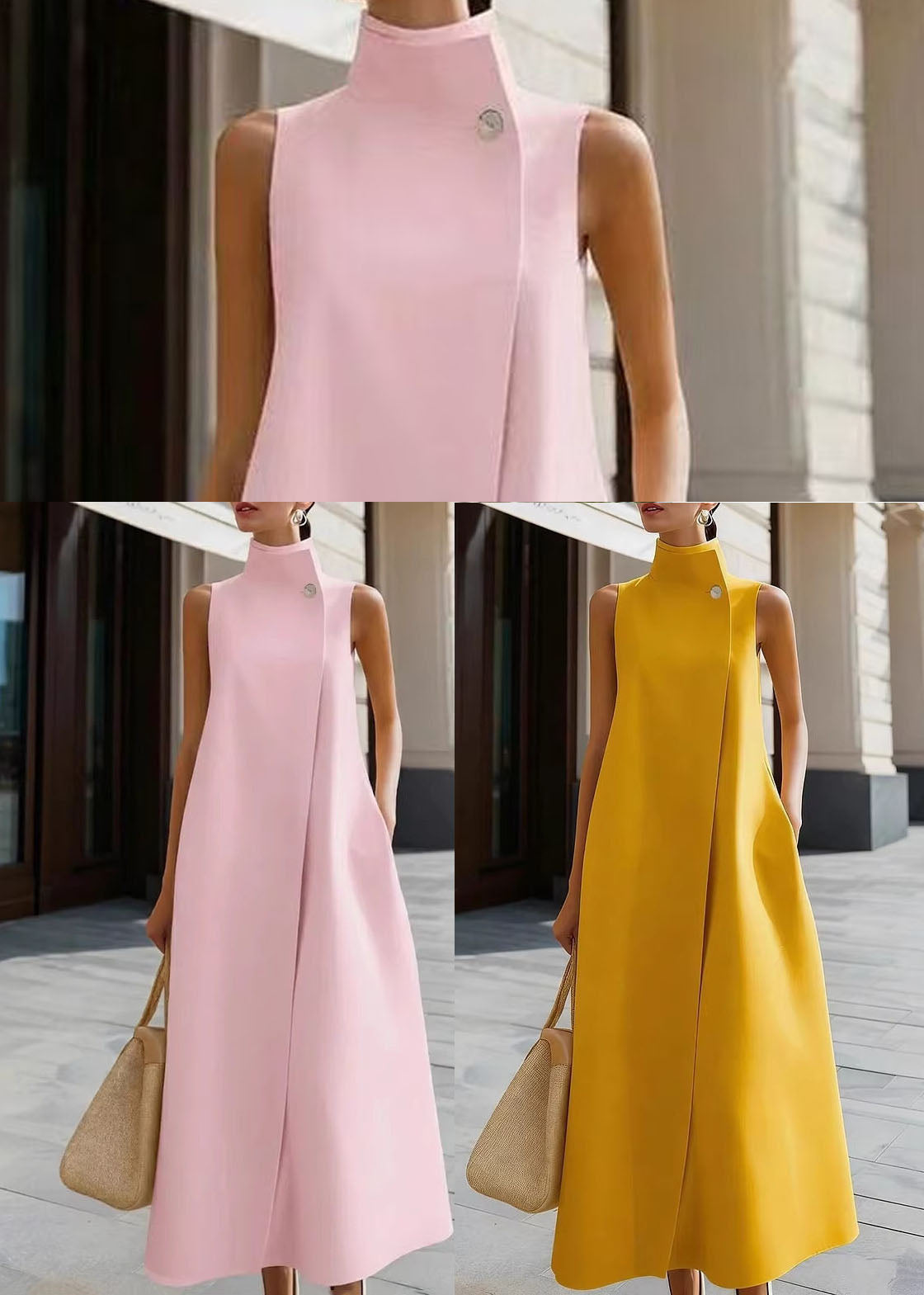 Simple Yellow Stand Collar Button Dresses Sleeveless