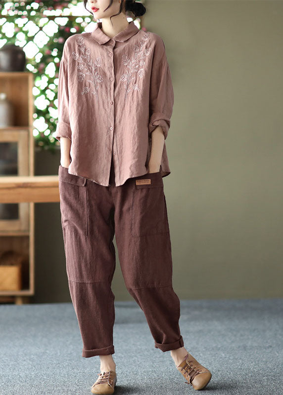 Einfache gelbe Knopf Peter Pan Kragen bestickte Leinen Bluse Top Langarm