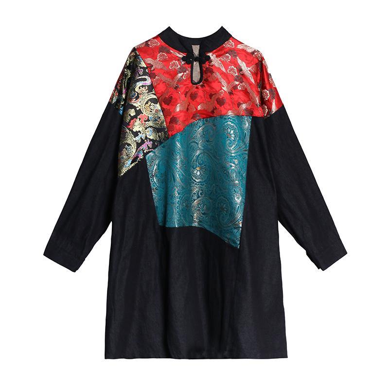 Simple black clothes stand collar patchwork print Dress - SooLinen
