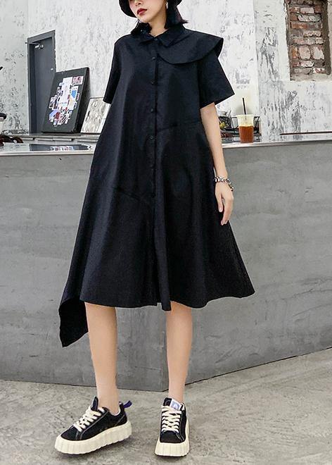 Simple black dress lapel zippered baggy asymmetric Dresses - SooLinen