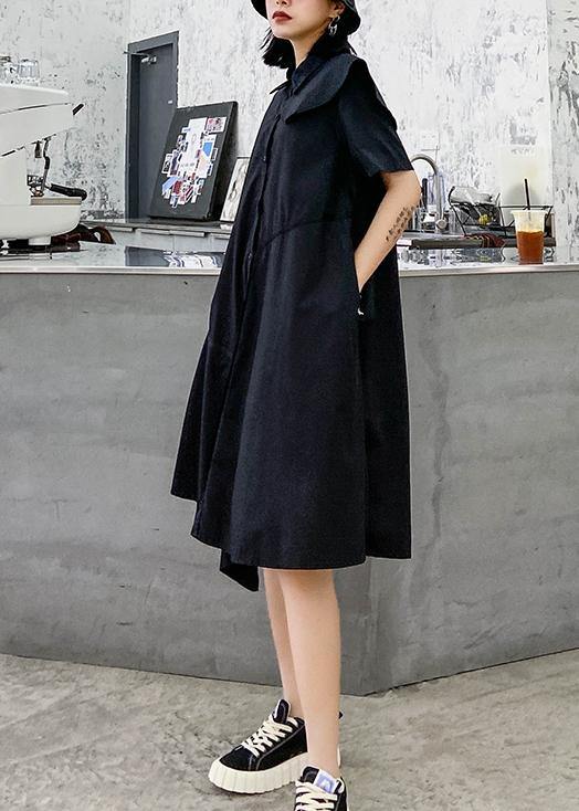 Simple black dress lapel zippered baggy asymmetric Dresses - SooLinen