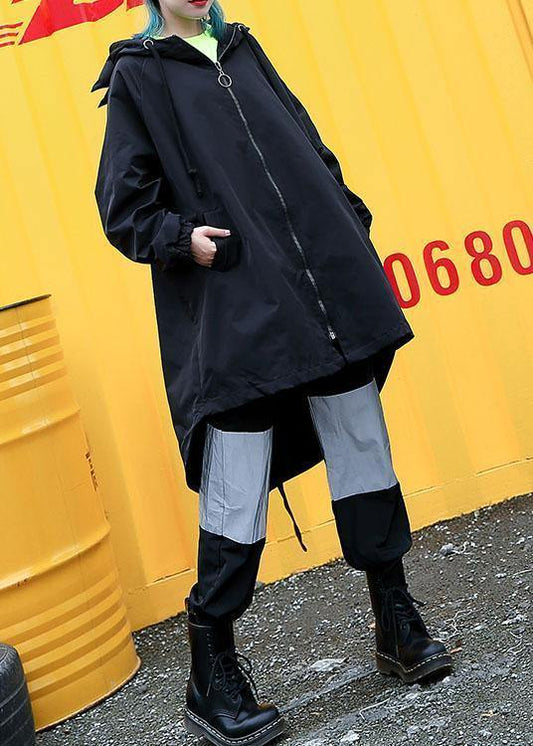 Simple black hooded Fine tunic pattern Work Outfits low high design fall outwears - SooLinen