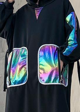 Simple black patchwork cotton quilting clothes side open Maxi hooded Dress - SooLinen