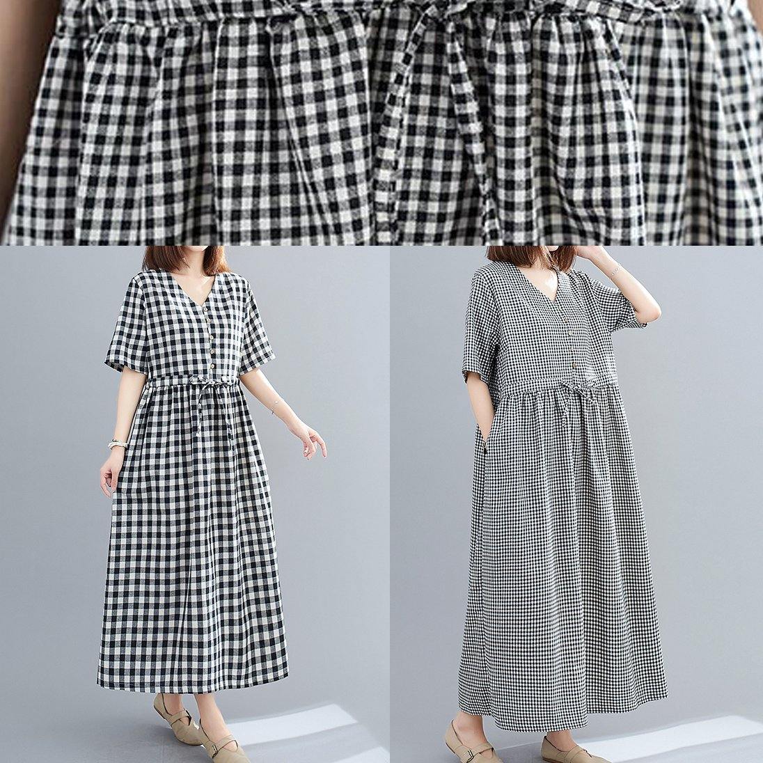 Simple black plaid linen cotton dresses v neck drawstring loose Dresses - SooLinen