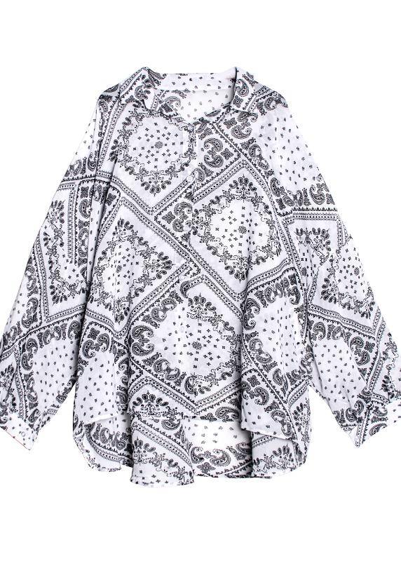 Simple black print tunics for women lapel Button Down Plus Size Clothing tops - SooLinen